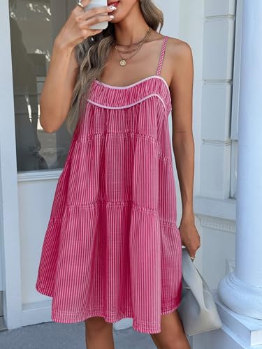 Image of Wenrine Womens Striped Mini Dress Oversized Spaghetti Strap Casual Sleeveless Ruffle Tiered Beach A Line Dress