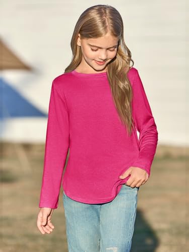 Image of Haloumoning Girls Long Sleeve T Shirts Kids Crewneck Tops 5-14 Years | Solid Color, Casual Loose Fit, Basic Tees, Curve Hem, Side Slit, Soft Tunic Tops, Fashion Clothes