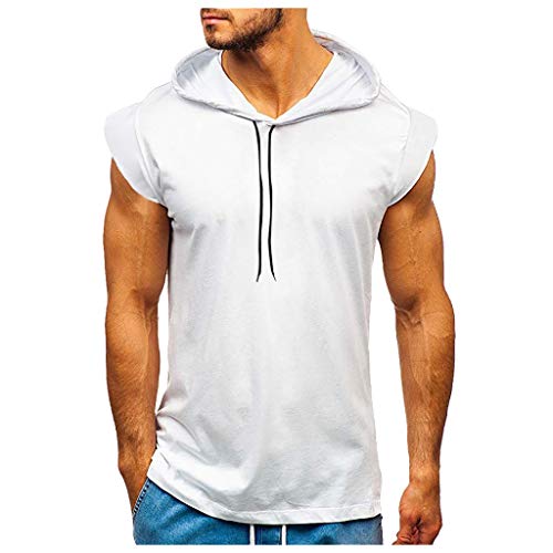 Camiseta con Capucha de Tirantes Deportes para Hombre,Tops Camisa sin Mangas de Verano Fitness Hombre Sudadera con Capucha de Color Sólido con Cordón