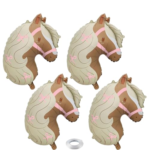 4Pcs Cowgirl Balloons Horse Balloons with Pink Bow Printed Horse Head Shaped Foil Balloon for Cowgirl Western Theme First Rodeo Baby Shower Birthday Party Decorations Supplies