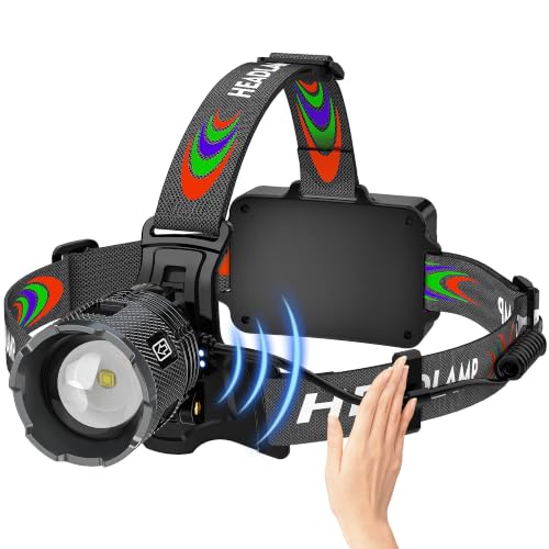 220000 Lux Headlamp With Camping Design and Bike Taillight Function Motion 17 Modes Sensor Zoomable, More Than 95H Standby IP65 Waterproof, 125° Angle Head Lamp for Fishing Hiking Hardhat Outdoor