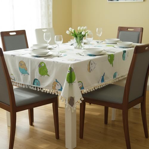 Image of LORETO - A QUALITY LINEN BRAND 100% Pure Cotton Rectangular Table Cover with Tassels (48x72 Inch) - Tablecloth for 6 Seater Dining Table, Multicolor Birds on Soft Beige