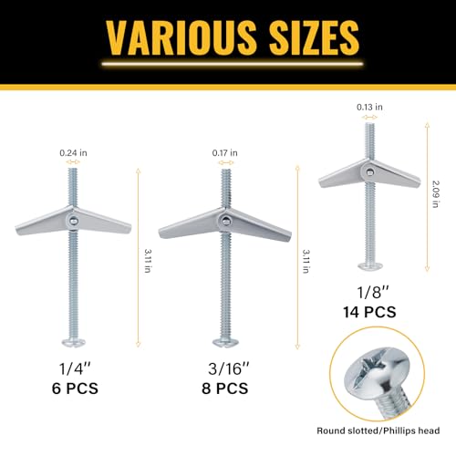 28PCS Toggle Bolts, Wing Nuts, Heavy Duty Hollow Wall Anchors for Drywall Ceiling, 3 Sizes Butterfly Anchors (1/8, 3/16, 1/4 in) for Hang Shelves, Heavy Fixtures, Metal Drywall Anchor and Screws Kit - Image 3