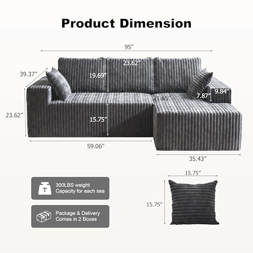 Image of 95 inch Modular Sectional Sofa - Memory Foam Sectional Couches with Deep Seat and Side Pockets,Modular Sofa Couches L-Shape Couch with Chaise, Boneless couches for living room(Gray, 95 inch+Right Chaise)