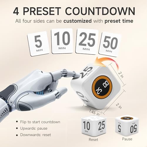 Image of Rotating Productivity Timer 5, 25, 10, 50 Minutes Preset, Desk Cube w /Gravity Sensor for ADHD, Mute Functions, Ideal for Work, Study, Kitchen, Back to School (1, White)