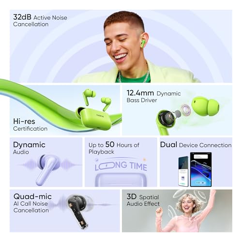Image of realme Buds T200 True Wireless Earbuds with Hi-Res Audio, 12.4mm Dynamic Bass Drivers, 32 dB ANC, Quad Mic, 45ms Latency, Upto 50 Hrs Playback, Fast Charge, IP55 Rated, BT 5.4 (Neon Green)