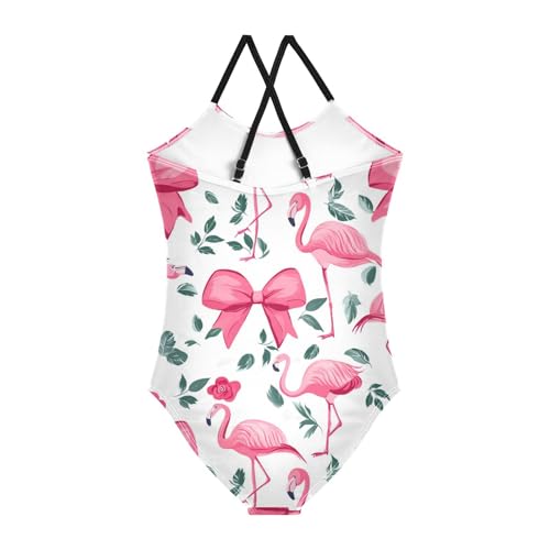 Beautiful Flamingo Girls One Piece Swimsuits Pink Bow Sport Halter Swimwear Beach Bathing Suit 3T2