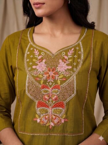 Image of Cotton Blend Embroidered Straight Kurta for Women | Cotton Blend | 3 /4 Sleeve | Round Neck V-Slit | Ethnic Wear Casual Wear