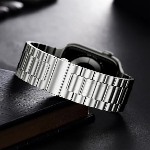 Image of Bestig Compatible with Apple Watch Bands for Men Women 40mm 38mm 41mm 42mm Series 11 10,Premium Solid Stainless Steel Metal Business Wristband Strap for iWatch Series 10 9 8 7 6 SE 5 4 3 2 1,Starlight