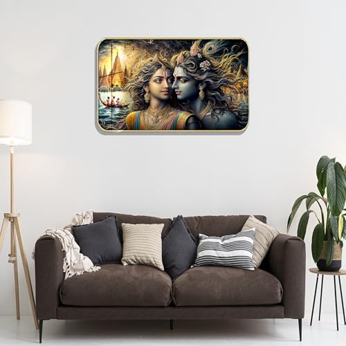 Image of Masstone Radha Krishna Crystal Embedded High Gloss Wall Painting, Golden Slim Frame, 45x30 Cm Wall Art for Living Room, Bedroom, Office & Home Decor (HG11)