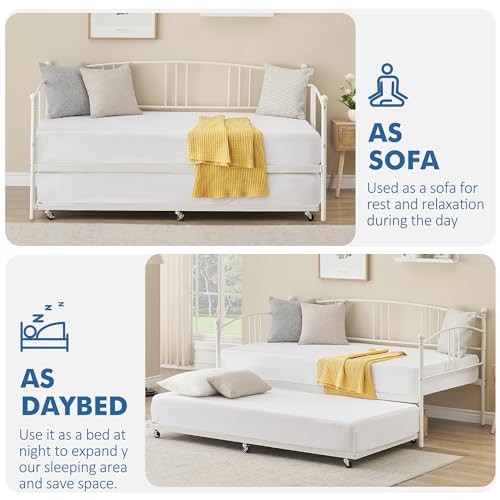 Image of Garvee Twin Daybed with Trundle, Sturdy Metal Day Bed with Arched Headboard and Steel Slat Support, Pullout Trundle with 6 Casters, Sofa Bed for Living Room Bedroom and Guest Room, White | Pullout Trundle, Six Smooth Casters, Space-Saving Design, Extra Sleeping Space, Easy Assembly, White