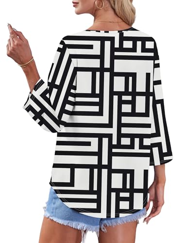 Image of OFEEFAN Button Down Shirts for Women 3 /4 Length Sleeve Tops V Neck Blouses Business Casual Outfits Loose Fit