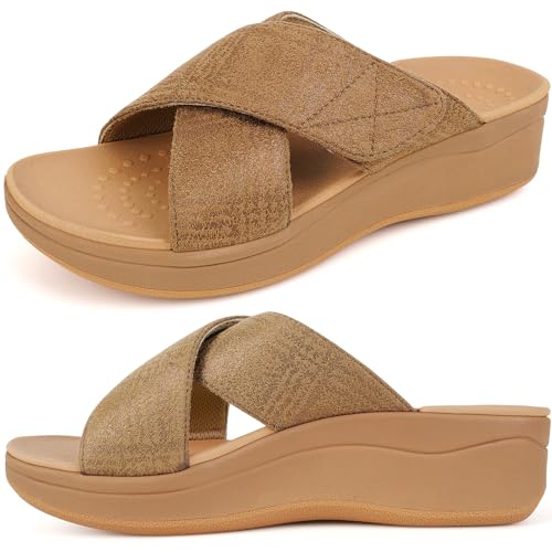 ERGOfoot Orthopedic Platform Sandals, Plantar Fasciitis Slippers with Arch Support, Orthotic Wedge Sandals with Adjustable Straps for Women (Copper, UK4)