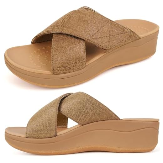 ERGOfoot Adjustable Orthopedic Sandals for Women, Fashion Cross Strap Open Toe Wedge Slide Sandals Soft Cushion Orthotic Slides With Comfortable Plantar Fasciitis Arch Support, Brown, 8