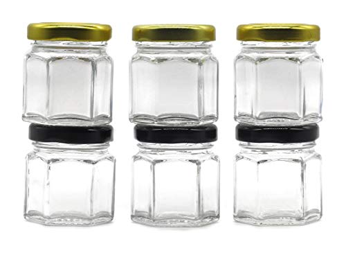 Image of Cute Hexagonal 50 grams Airtight Glass Jar Containers for Honey, Spices & other Kitchen Items with Rust Proof Gold & Black Color Caps -Set of 06