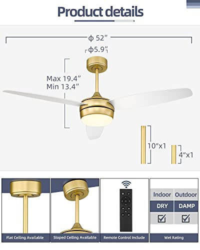 Image of YOUKAIN 52-Inch Indoor Outdoor Ceiling Fan with Lights, Remote, Gold