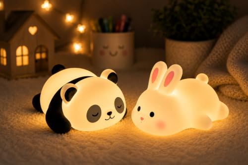 Image of Cubbie Cute Sleeping Panda & Naughty Bunny LED Night PVC Light Combo Pack of 2 | Soft Warm White Nursery Bedside Lamp (Sleeping Panda & Bunny)