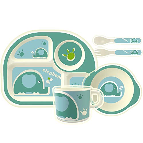 HOMEWINS Juego de vajilla para niños Juego de Cena Bamboo Baby de 5 Piezas: Plato, tazón, Taza, Cuchara, Tenedor, Juegos de vajilla para niños sin BPA (Elefante)