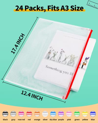 Image of Large A3 Mesh Zipper Pouch, 24 Pack 12 Colors 17.4 inch x 12.4 inch Zipper Pouches for Organizing, Multipurpose Waterproof Zipper Bags for Office Supplies