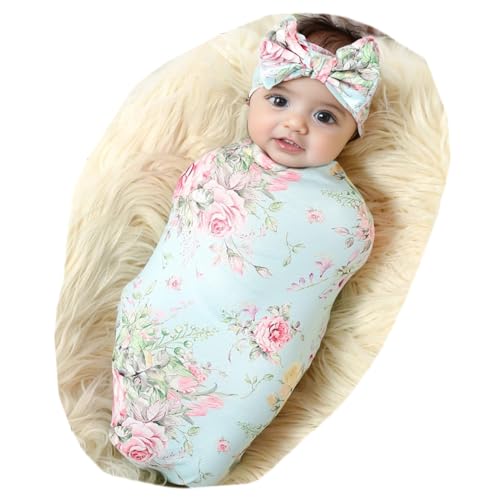 Image of Galabloomer Newborn Receiving Blanket Headband Set Flower Print Baby Swaddle Blankets (Blue Flower)