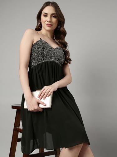 Image of SHOWOFFFF Women Embellished Fit and Flare Party Dress | Square Neck Sleeveless Georgette Dress for Womens | Knee Length Dress for Women's