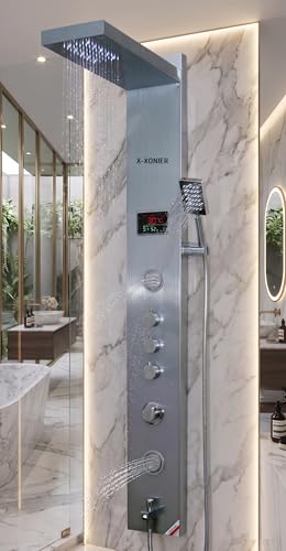 Image of X-XONIER Luxury thermostat Shower Panel System 4in1 shower panel with large Overhead Rainfall Front Body Massager Tub Spout, All in one Activation (Black Shower) (silver)