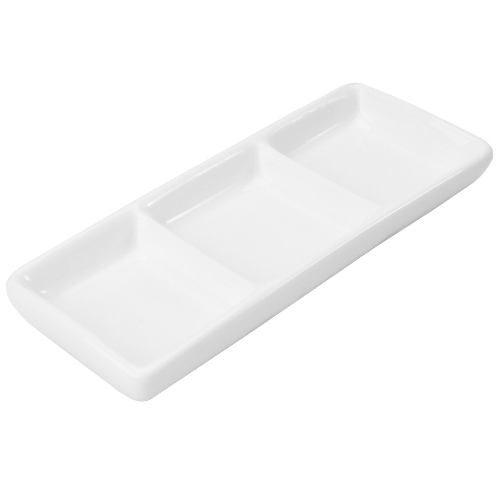 BESTonZON Rectangular White Ceramic Seasoning Dish 6 Inch Relish Tray Divided Condiment Plate for Sauces Snacks and Appetizers Home Dining