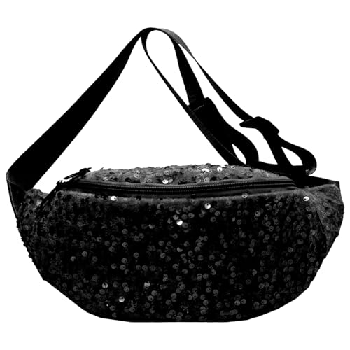 Tarqite Sac banane à paillettes pour femme, brillant, élégant, imperméable, bandoulière réglable, pour camping, fitness, voyage, fête, festival, noir, 32 x 15 cm