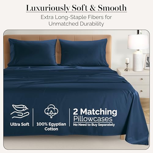 Casa Platino 100% Egyptian Cotton Sheets Twin Size Set - 4 Pcs (1 Flat, 1 Fitted, 2 Pillowcases)- Ultra Smooth Sateen Weave Bed Sheets Set with 15" Deep Pockets - Navy Blue