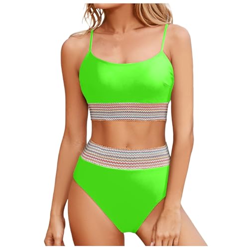 Conjunto de bikini de 2 piezas para mujer, traje de baño de cintura alta, cuello redondo, tirantes delgados ajustables, traje de baño de tiro medio para mujer, verde, M