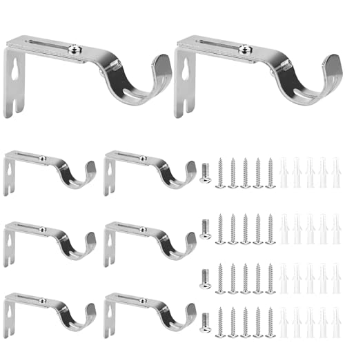 Sebudion 8 Pcs Heavy Duty Curtain Pole Brackets for 25mm Poles Adjustable Curtain Rod Brackets Length 9-12cm Silver Metal Wall Rod Bracket with Screws Rust Resistant