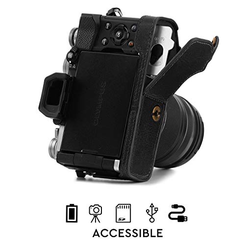 Demi-étui Olympus E-M5 Mark III MegaGear avec accès batterie direct en cuir véritable