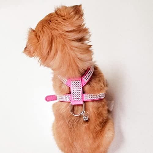 Expawlorer Dog Harness Genuine Leather Soft Padded Pet Sparkly Rhinestone Vest With Heart Pendant For Puppy Cat, Pink #TOP4