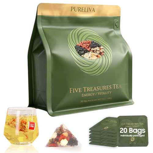 Ginseng Five Treasure Tea Kidney Tea, Herbal Tea with Ginseng, Goji, Mulberry for Energy & Vitality Support, Tea Bags Individually Wrapped for Men and Women, Caffeine-Free (20 Bags/1 Pack)