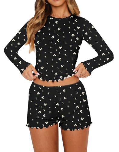 Image of Lacozy Cute Pajama Sets for Women 2 Piece Floral Print Fall Pj Set Woman Long Sleeve Crop Top and Short Y2K Sleep Set