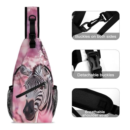 Zebra in Cherry Flowers Crossbody Sling Backpack Casual Chest Bag Fanny Pack for Women Men Travel Hiking3
