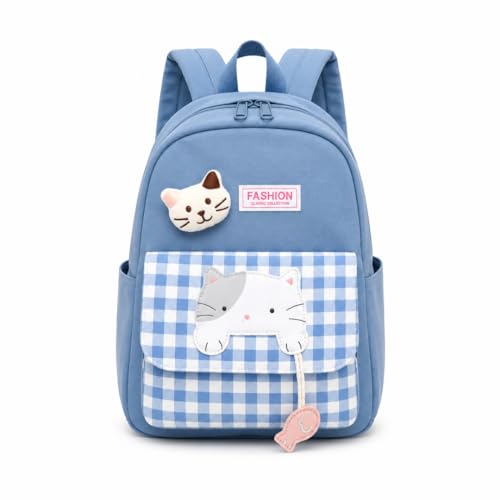 Mochila Infantil com Gatinho Bordado, Bolso Xadrez Frontal, Alças Ajustáveis, 36x27x12 cm, para Escola e Passeios (Azul)