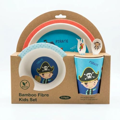 Image of Bamboo Kids Feeding Set of 5 |Kids Crockery Set Tableware |Baby Utensils and Dishes Set | Eco-Friendly |Organic & Natural (Playful Pirate)