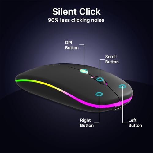 Image of pTron Flick M1 Slim Wireless Mouse w /Rechargeable Battery, Dual Connectivity 2.4Ghz & BT, 4 Buttons, 1000 /1200 /1600 DPI, Vivid LED Lights, Silent Operation, Plug & Play, Type C Charging (Black)