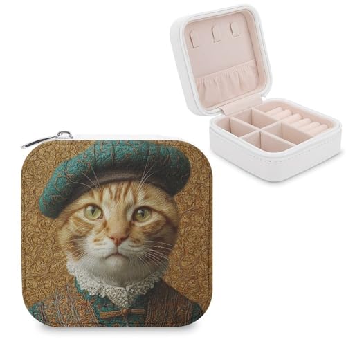 Jubonexis Joyero pequeño con diseño de gato naranja, organizador de joyas, portátil, de piel sintética, mini estuche de viaje