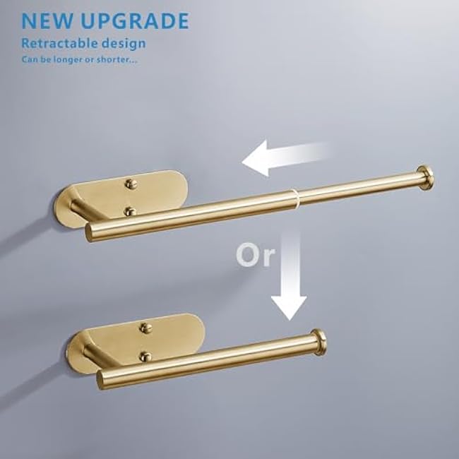 Paper Towel Holder with Pre-drilled Holes or Adhesive Strips - 304 Stainless Steel - Mount Under Cabinet or on Wall, Perfect for Kitchen - Bathroom, Adjustable Length (Gold)