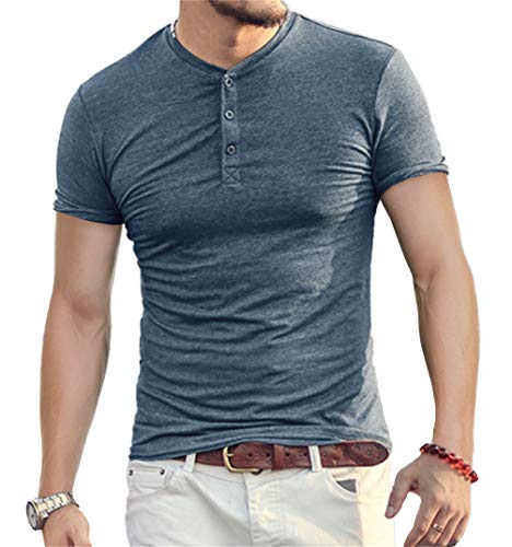 Aiyino Mens Casual Slim Fit Short Sleeve Henley T-Shirts Cotton Shirts US L Acid Blue