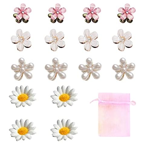 16 pcs flower hair clips with 1 snow gauze bag, mini flower hair clips, small pearl hair clips, daisy hair clips, sweet hairstyle accessories, suitable for wedding, daily dress up Cover