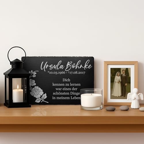 CHRISCK design Schiefer Gedenktafel Grabplatte mit hochwertiger Gravur - Nur bei Uns: Wetterfester Gravurschutz - Grabstein Urnengrab Grabschmuck selbst gestalten - Andenken an geliebten Mensch