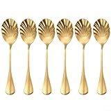 Eawfgtuw Lot de 6 cuillères à dessert en acier inoxydable avec design en forme de coquillage et long manche pour restaurant, mariage et salle à manger, disponible en or (doré)