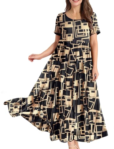 Image of YESNO Women Casual Loose Bohemian Floral Dress with Pockets Short Sleeve Long Maxi Summer Beach Swing Dress EJF