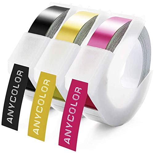 Anycolor kompatible Prägeband als Ersatz für Dymo 3D Prägegerät band Vinyl Kunststoff 9mm, Weiß auf Schwarz/Gold/Rosa, Arbeiten mit Dymo Omega Junior Embosser, 3 Rollen