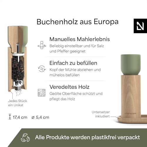 LARS NYSØM Salz und Pfeffermühle Holz Set - Manuelle Mühlen Keramikmahlwerk – Ansicht 4