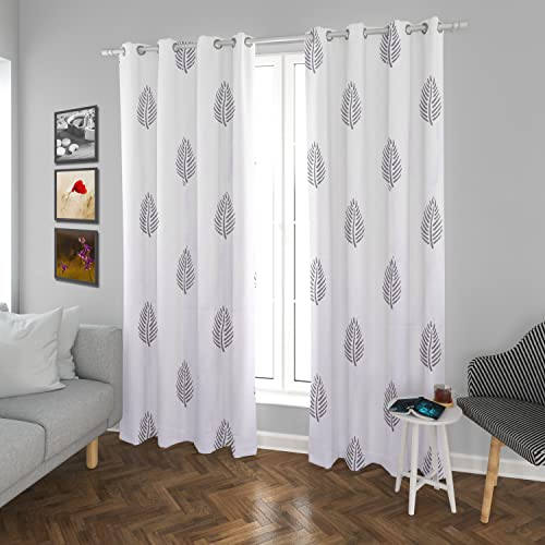 Image of HOMEMONDE Scattered Leaf Curtains 7 ft Door Printed Drapes Indoor Decorative Pure Cotton Grommet Curtain Set of 2, Grey