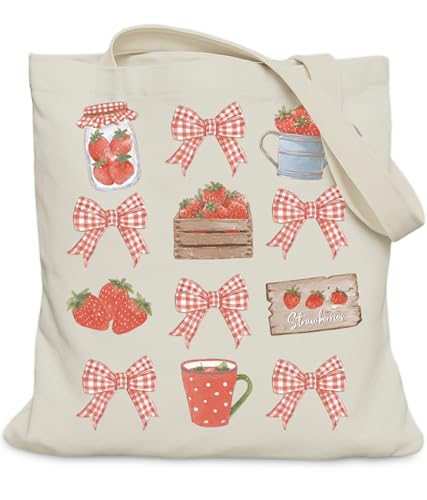 LUERHUI Strawberry Gifts Tote Bag for Women Girls, Pink Bow Strawberry Tote Bag for Spring Summer